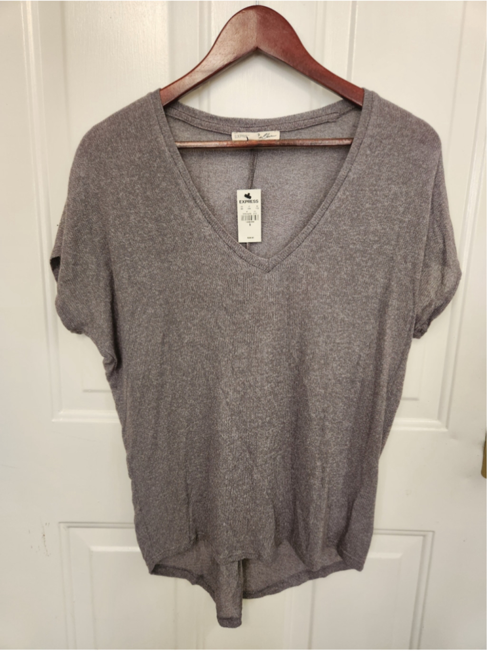 Express V-Neck Short Sleeve Tee, Size S, Grey